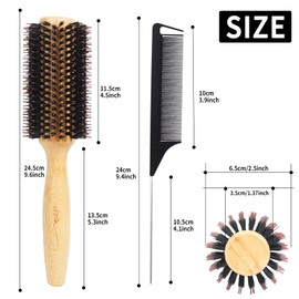 Vista Boar Bristle Hair Brush with Bamboo Handle, Round Barrel Brush for Blow Drying, Curly Hair Brush with Tail Comb for Women Men and Kids(2.5 Inch, Barrel 1.37 Inch)