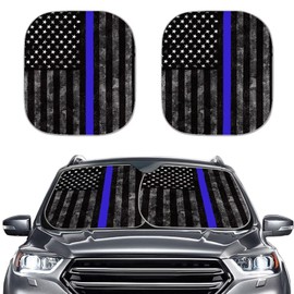 Renewold American Flag Police Flag Windshield Sunshade for Car Summer Front Window Sun Shade Sun Visor Shield Cover Pack of 2pcs Foldable Universal Fit Most Sedan Van SUV Truck Gift for Women Men