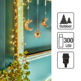 hellum LED-Vorhang Kupferkabel Tauperlen Lichterketten-Vorhang Außen+Innen 300 warmweiße LED, 20 Stränge beleuchtet 1,9x1,5m Schlafzimmer Wohnzimmer Kinderzimmer Deko Balkon Garten Timer+Trafo 577631