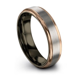 Midnight Rose Collection Tungsten Wedding Band Ring 6mm for Men Women 18k Rose Gold Grey Plated Flat Cut Gunmetal Brushed Polished Size 11.5