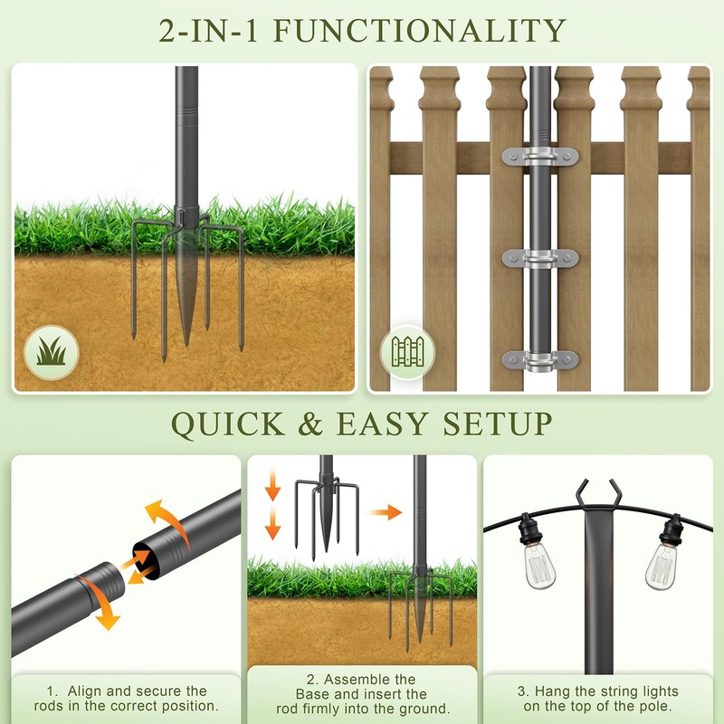 Jusgym String Light Poles for Outside, 10ft Adjustable Metal Poles