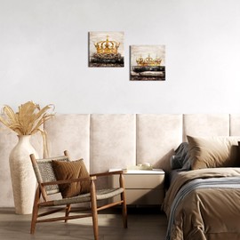 DuoBaorom Gold King Queen Crown Wall Art Set of 2 Panels with Antique Books Romantic Couple Bedroom Decor 12"x12"