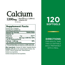 Nature's Bounty Nature's Bounty Calcium Carbonate & Vitamin D, 1200mg Calcium & 1000IU Vitamin D3, 120 Softgels,
