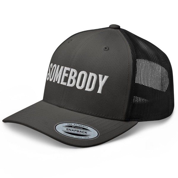 RIVEMUG NG Somebody Embroidered Curved Bill Trucker Hat Mid Crown
