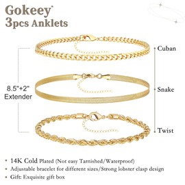 Gokeey Gold Anklts for Women,14k Gold Plated Ankle Bracelets for Women, Waterproof Layered Cuban Figaro Link Chain Anklets Set Gold Anklets Jewelry Gift Adjustable Size