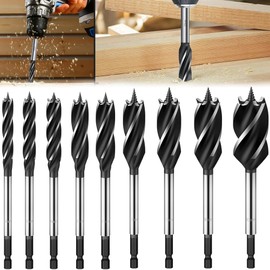 XFLYP 9PCS Wood Drill Bit, Drill Bit Sets with High-Carbon Steel Fast Cut Four Blade Design Reaming Drill Wood Auger for Wood, Accessories Rotary Impact Drill, 10, 12, 14, 16, 18, 20, 22, 25, 32mm