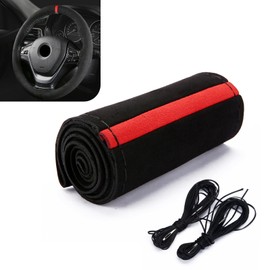 gunhunt 1 PC Car Steering Wheel Cover, 14.9" Suede Nubuck Leather Non-Slip Breathable Hand-Stitched Steering Wheel Protector, Comfortable Grip for All Seasons, Universal for Most Cars (Red & Black)