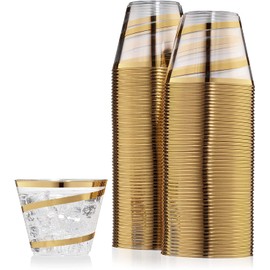 Perfect Settings 110 Clear Plastic Cups 9 Ounce- Holiday Wedding Party Elegant Gold Trimmed Disposable Cups - Pack of 110 Fancy Wedding Cups (Gold - Swirl)