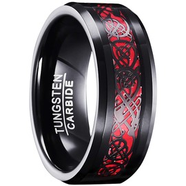 083BASE Mens Dragon Pattern Tungsten Ring 8mm Width Cubic Zirconia Inlay Available in Blue, Black and Red - Tungsten Carbide Ring for Men, Tungsten Carbide