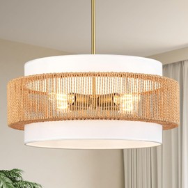 Boho Rattan Chandelier, 19.7" Large Boho Pendant Light with Fabric Lampshade, 4-Light Rattan Light Fixture Ceiling Hanging for Dining Room, Living Room, Bedroom, Kitchen Island, Hallway, Foyer