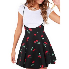 YOINS Cherry Print Suspender Skirts for Women Pinafore Dress High Waist Mini Skirts Black XX-Large