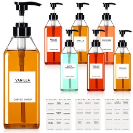 Nuogo 6 Pcs Coffee Syrup Dispenser Bottles Set 750ml, 500ml, 300ml, 150ml PET Black Syrup Bottles with Pump Dispenser 27 Labels for Coffee Bar Kitchen Accessories Portable Travel(11.8 oz,Prismatic)