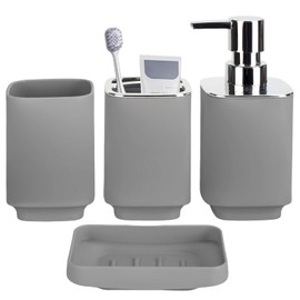 4 Piece Bathroom Accessories Set, Grey Boho Bathroom Decor, Bathroom Sets Complete, Soap Dispenser, Toothbrush Holder, Mousewash Cup and Soap Dish, Bathroom Sink Set for Modern Home Décor