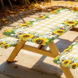 Sunflower Picnic Table Cover with Bench Covers, Fall Yellow Buffalo Plaid Summer Floral Farmhouse Waterproof Tablecloth for Camping Indoor Outdoor Party Decorations, 30X72in