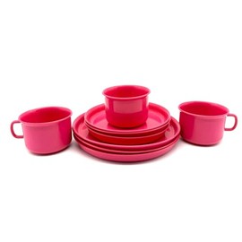 Crockery Set Breakfast Set Coffee Service Consists of 3 Cups, Saucers and Plates, Plastic, Reusable Tableware, 9 Pieces, Fuchsia