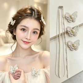 Pearl Hair Ornament, Butterfly, Headdress, Bowknot Hair Clip, Stylish (4 Chains + 3 Hair Clips), For Birthdays, Recitals, Fireworks Festivals, Photographs, Weddings, Kimonos, Coming-of-age Ceremonies