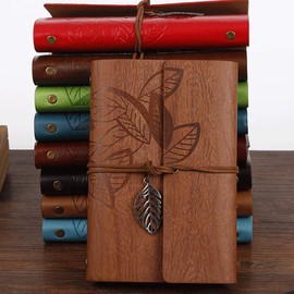 Loose Leaf Writing Books, POWERTOOL Leather Cover Ruled Wire Binding Journal Writing Planner Organizer Retro Vintage Notebook (1 Piece, Wood Grain, Brown)