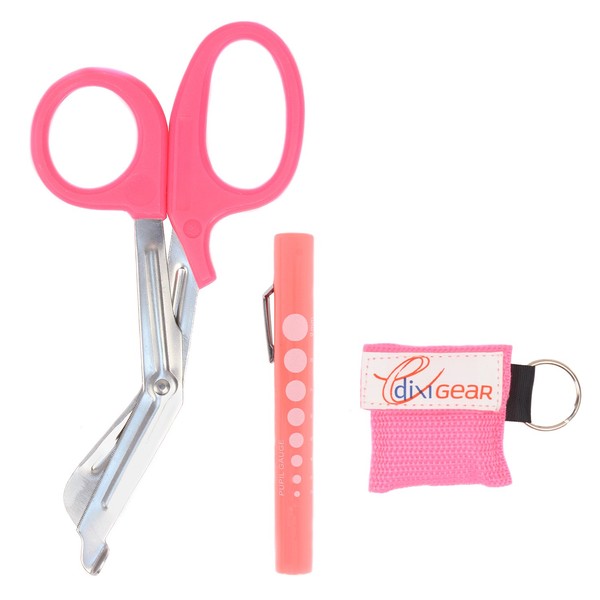 MediTac Pink Stainless Steel Bandage Sheers, Disposable Pink Pen Light, & Pink CPR Keychain