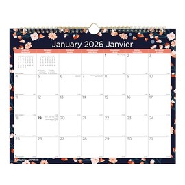Blueline® 2026 Colourful Monthly Wall Calendar, 12 Months, January to December, Gold Twin-Wire Binding, 15" x 12", Twilight Floral, Bilingual (C171114B-26)