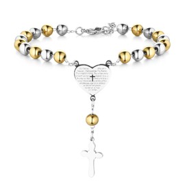 Flongo Classic Cross Pendant Bracelet Christian Catholic Heart Bible Prayer Bead Stainless Steel Silver Gold Black Costume Jewellery for Women and Men, One Size, Stainless Steel