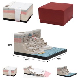 DASIAUTOEM 3D Notepad Calendar 2025, Santorini 3D Paper Sculptures, 2025 Desk Calendar Notepad, 3D Magic Castle Weekly Calendar with Light and Pen Holder, Creative Birthday Gift