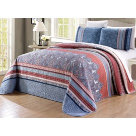 Grand Linen 3-Piece Oversize (100" X 95") Fine Printed Prewashed Reversible Bedspread Coverlet Set Full/Queen Size Bed Cover (Blue, Navy, White, Coral, Brown)