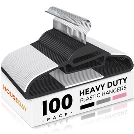 HOUSE DAY Heavy Duty Plastic Hangers 100 Pack, Black Slim Clothes Hangers Space Saving, Non Slip Hangers with Rubber Pads, Durable Coat Hangers for Closet, S-Shaped Hanger for Shirt, Suit, Pant, Skirt