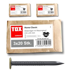 TOX Bildernagel Home Classic aus gehärtetem Stahl mit Messingkopf in recycelbarer Papierverpackung, Größe 2,0 x 25 mm, Stahlnägel für Bilder für nahezu alle Baustoffe, 3x 20 Stk., 063600101