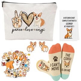 Flotreif Corgi Gifts for Corgi Lovers Set Includes Corgi Funny Socks, Makeup Bag, Cute earrings, Stickers,Kitchen Towels -Corgi Gifts