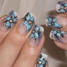24 Pcs French Tip Press on Nails Short Square Blue Flower Fake Nails with Glitter Designs Spring Summer Floral False Nails Full Cover Stick on Nails Reusable Acrylic Nails for Women Girl