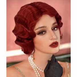 Siudus Red Finger Wave Wigs for Women Dark Red Curly Short 1920s Wig Natural Synthetic Heat Resistant Fiber Cosplay Daily Hair Wig
