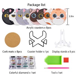 Muzagroo Art Diamond Painting Coaster with Holder, Diamond Art Kits for Beginners, 8 Pieces Coasters Art (Cat)