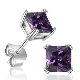 HAINBAG Birthstone Stud Earrings for Women Princess Cut Diamond White Gold Plated 925 Sterling Silver Jewelry February Birthday Studs (Amethyst)