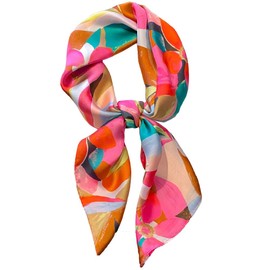 Muzly Women's Scarf, 27.6 x 27.6 inches (70 x 70 cm), Silk-like, Neckerchief, Square, Beautiful Bandana, Commute, Office, Casual, Travel, Gift, 3#Pink Green
