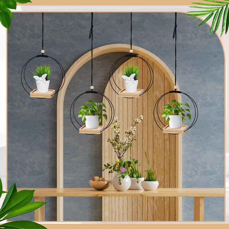 Geelin 4 Pack Plant Hanger with Wood Base Hanging Window