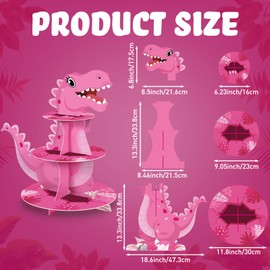 3 Tier Dinosaur Cupcake Stand Party Decorations Dinosaur Theme Cupcake Holder Decorations Dino Dessert Tower for Kids Boys Jungle Dino Theme Party Birthday Supplies (Pink)