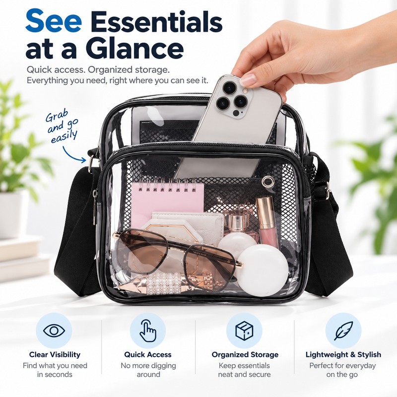Clear PVC Crossbody Bag for Concerts – 28×21×9cm Lightweight Shoulder