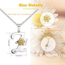 Shining Charm Alphabet Name Necklace Jewellery Women Yellow CZ Sunflower Initial Necklace Letter Z Pendant 20" Cable Chain Necklaces