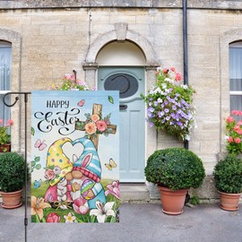 Louise Maelys Happy Easter Welcome Garden Flag Floral Cross Bunny Gnome 12x18 Inch Double Sided Small Burlap Spring Holiday Yard Outdoor Flag Outside Home House Decoration (ONLY FLAG)