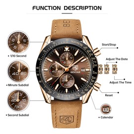 BENYAR Mens Watches Quartz Movement Chronograph Leather Strap Fashion Business Sport Design 30M Waterproof Scratch Resistant Elegant Gifts for Men