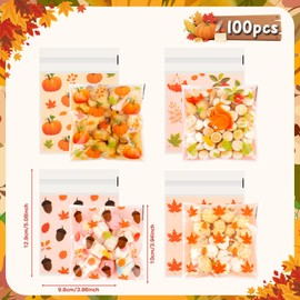 100 PCS Fall Cellophane Treat Bags(4x4 Inch) Small Thanksgiving Ziplock Bags for Candy Snack Goodie Cookie Gifts Wrap Autumn Self Sealing Pouch Baggies Friendgiving Party Favors Supplies Decorations