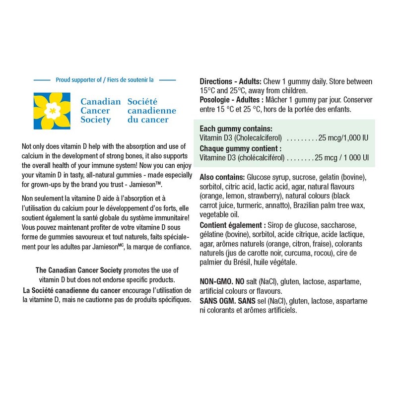 Jamieson Vitamin D3 1,000 IU Gummies - Orange, Strawberry, Lemon