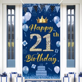 POPOYU Happy 21st Birthday Door Banner,Navy Blue 21st Birthday Backdrop Banner for Men Women,Large Fabric Photo Booth Backdrop Background for Him Her 21 Years Old Birthday.Party Wall Door Decoration