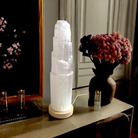 Pro Home Selenite Crystal Lamp USB LED Mountain Tower Dimmable 3-colorColor Changeable Lamp Wood Base Table Lamp Healing Meditation Decoration Gift