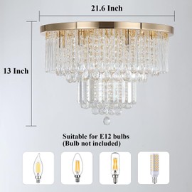 Litaddscen Gold K9 Crystal Chandelier Flush Mount Ceiling Light,Modern Round Raindrop Crystal Chandeliers Light Fixtures for Foyer Bedroom Living Dining Room Entryway,6-Light D22 x H13