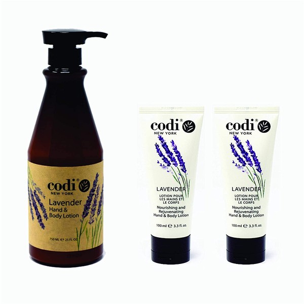 Codi Lavender Lotion - Lavender Body and Hand Lotion for Women and Men - Lavender Body Lotion with True English Lavender Scent - Less Greasy and Quick Absorbent - 1 750ml Bottle and 2 100ml Tubes