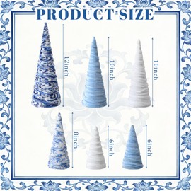Civaner 6 Pcs Christmas Chinoiserie Velvet Trees Set Dirty Blue and White Floral Cone Tabletop Tree Table Decor Farmhouse Xmas Tiered Tray Ornament for Christmas Party