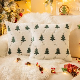Christmas Tree Embroidered Throw Pillows 18x18 Inch Set of 2 Packs, Winter Soft Fluffy Christmas Decorative Throw Pillow Covers Decor for Home Sofa Couch Bed Room,White