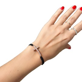 Live Gems | 14K Rose Gold Filled Sideways Diamond Cz Cross Braceelet, Red String Adjustable Cross Bracelet, Rose Gold Cross Bracelet, Rose Gold Cross Jewelry, Black String Jewelry, Christmas Gifts
