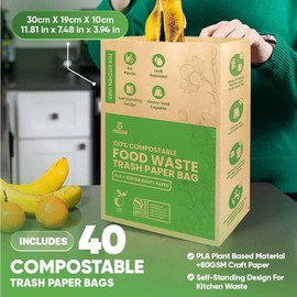 Kitchen Food Waste Bags – 40 bags – 100% Compostable Paper – Leak-resistant liner – Completely Plastic-free & Environmentally Friendly – Certified by BNQ & BPI - 40 Brown Paper Compostable Bags (40)